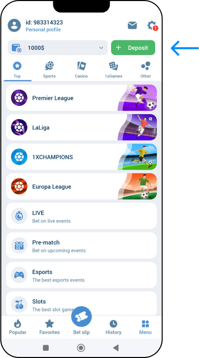 Deposit through the app (Android/iOS) - 1xbet Online Somalia