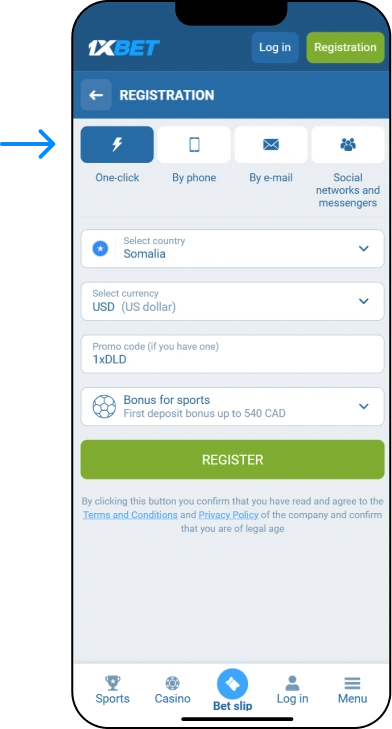 One-Click Registration - 1xbet Online Somalia