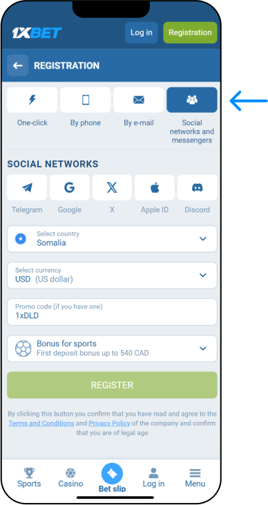 Registration via Social Networks - 1xbet Online Somalia